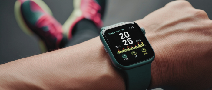 Person wearing a smartwatch displaying health metrics on the wrist, with athletic shoes visible in the background.