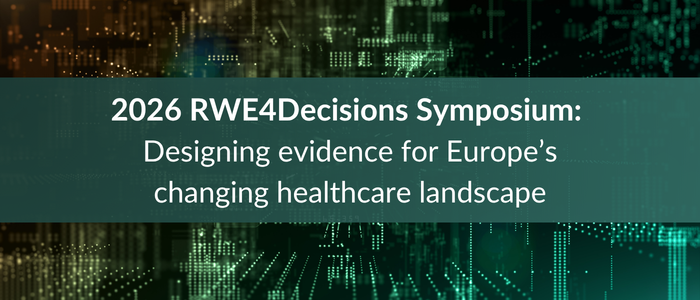 Abstract digital background with glowing green and blue lights, featuring the headline “2026 RWE4Decisions Symposium: Designing evidence for Europe’s changing healthcare landscape.”