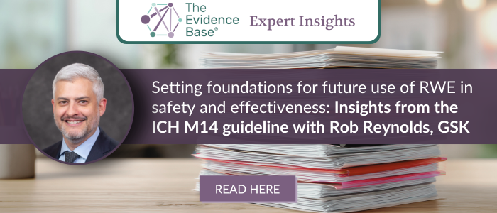 Rob Reynolds headshot next to stacked reports, promoting article on ICH M14 guideline and real-world evidence use.