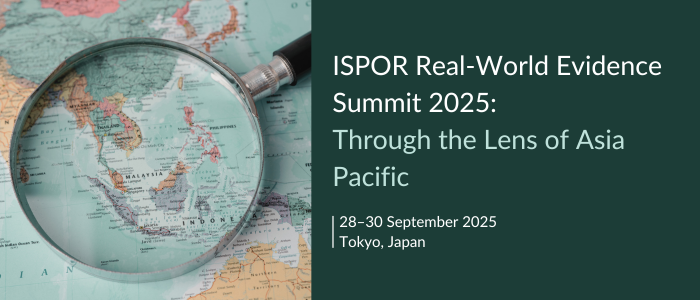 Magnifying glass highlighting Southeast Asia on a map, alongside event details for the ISPOR Real-World Evidence Summit 2025 in Tokyo, Japan, with the theme 'Through the Lens of Asia Pacific.'