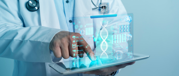 Clinician uses a tablet displaying holographic AI, DNA, clinical data charts, and patient analytics on a transparent digital interface.