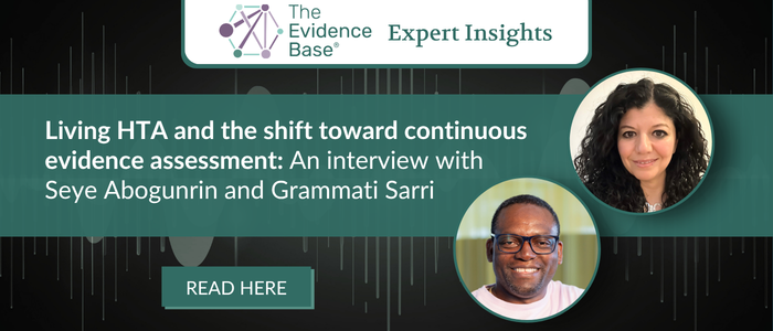 A banner with the title about living HTA and ongoing evidence assessment, featuring two circular headshots and a button labeled Read Here.