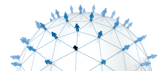 Blue human figures connected by network lines across a globe, showing a global patient and healthcare network.