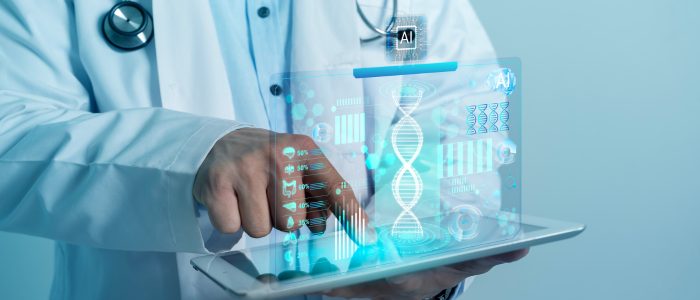 Clinician uses a tablet displaying holographic AI, DNA, and clinical data visualizations on a transparent digital interface.