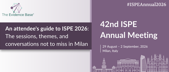 Black-and-white preview graphic for the 42nd ISPE Annual Meeting in Milan, Italy, 29 August–2 September 2026, featuring the #ISPEAnnual2026 hashtag, the Evidence Base logo, a city skyline illustration, and the subtitle “An attendee’s guide to ISPE 2026: The sessions, themes, and conversations not to miss in Milan