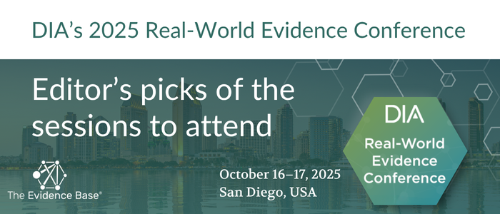Banner for DIA’s 2025 Real-World Evidence Conference. Text reads: “Editor’s picks of the sessions to attend.” Includes The Evidence Base logo and conference details: October 16–17, 2025, San Diego, USA. Background shows the San Diego skyline with a hexagonal pattern overlay.