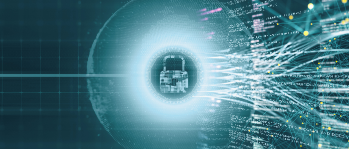 A lock icon surrounded by swirling data patterns representing digital security.