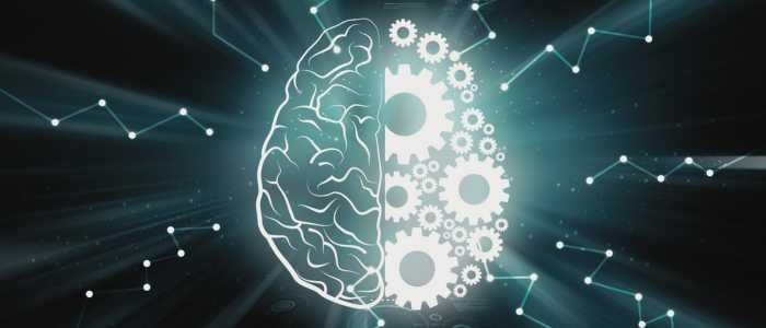Digital brain illustration with left side as brain and right side as gears.