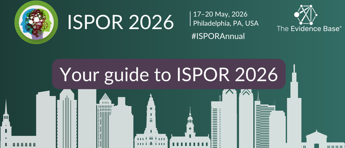A green banner showing the ISPOR 2026 logo on the left, event details on the right, and a city skyline silhouette along the bottom. A purple rounded box in the center contains the text “Your guide to ISPOR 2026.