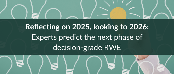 Green background with simple light bulb drawings and a highlighted bulb behind a dark banner with the text ‘Reflecting on 2025, looking to 2026: Experts predict the next phase of decision‑grade RWE’.