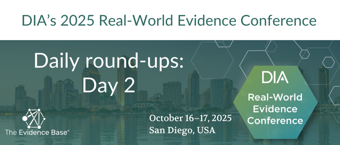 Banner for DIA’s 2025 Real-World Evidence Conference Daily Round-ups: Day 2, with The Evidence Base logo and San Diego skyline background.