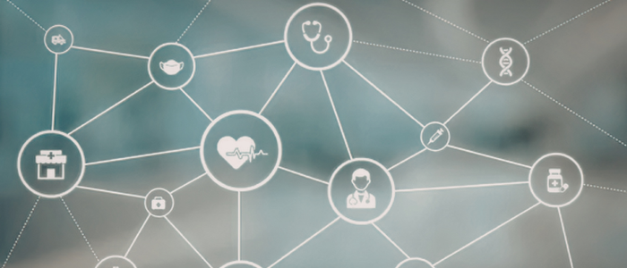 Connected network of digital health and data-related icons, representing MyHealth@EU and health data catalogue rules under the European Health Data Space