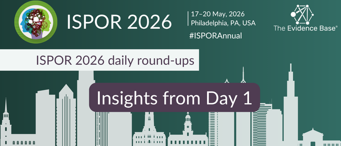 A banner for ISPOR 2026 showing event dates, location, and a headline about insights from day one, set against a simple city skyline.