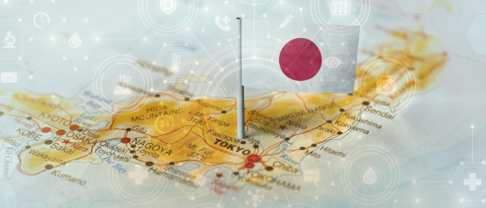 A map of Japan with a small Japanese flag pinned at Tokyo, overlaid with digital healthcare and technology icons. To represent that Trinetx and Fujitsu Partner to advance real-world evidence in Japan.