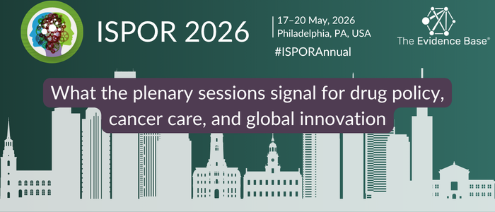 ISPOR 2026 banner shows Philadelphia skyline with text about plenary sessions on drug policy, cancer care, and global innovation, May 17–20 in Philadelphia